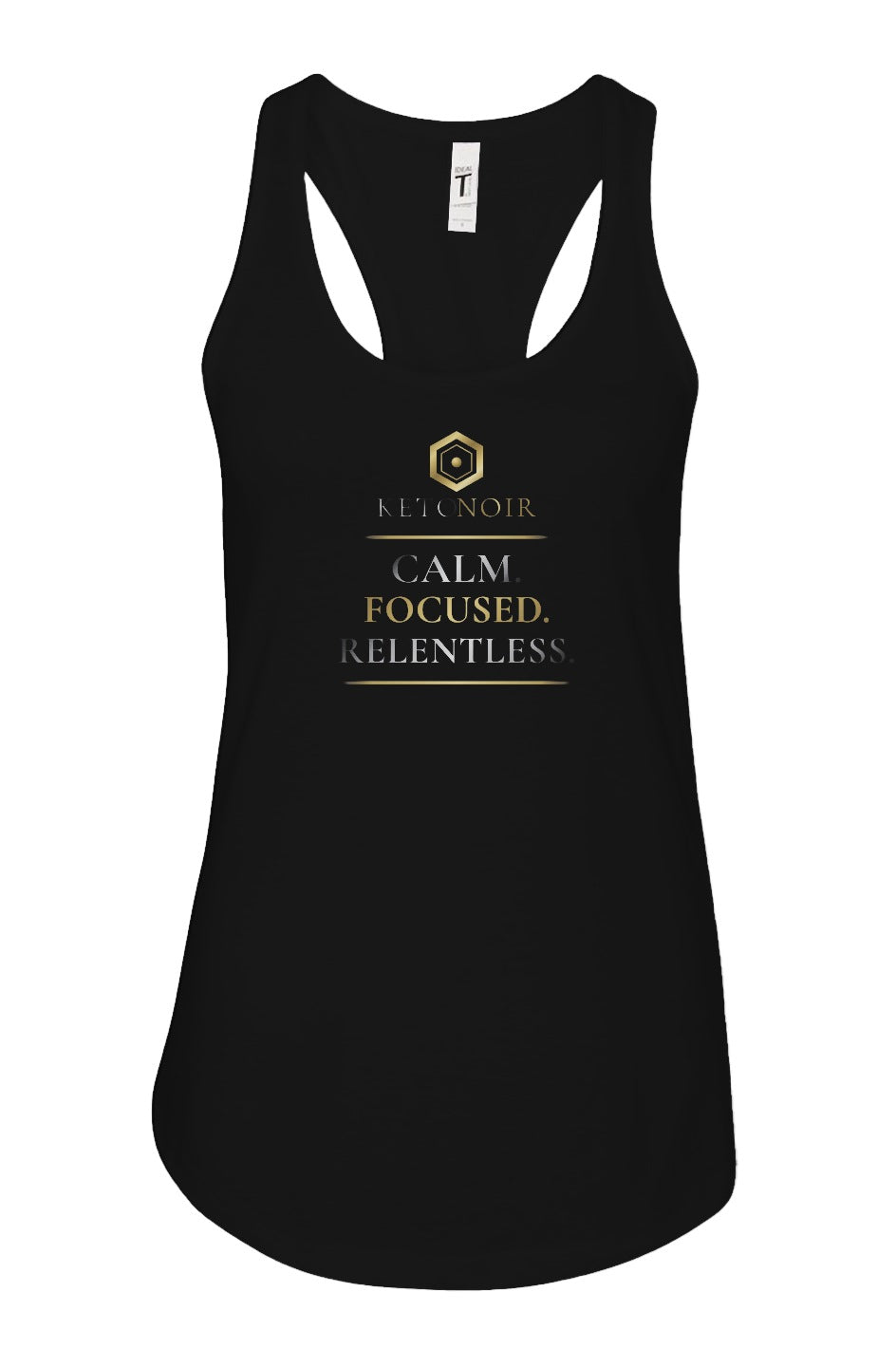 KetoNoir Quiet Power women's racerback tank in black, front view