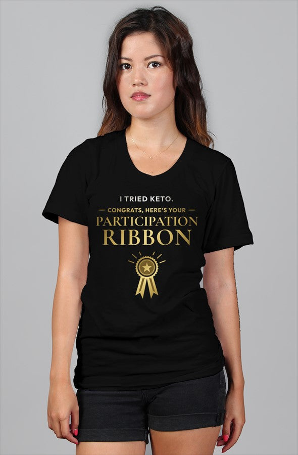 KetoNoir Participation Ribbon women's relaxed tee in black, front view