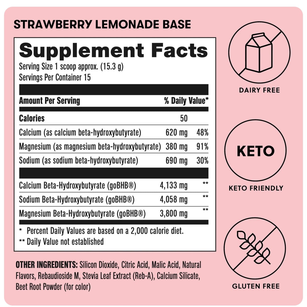 Perfect Keto Base Ketones Exogenous Ketone Drink Mix, Strawberry Lemonade, Caffeine Free
