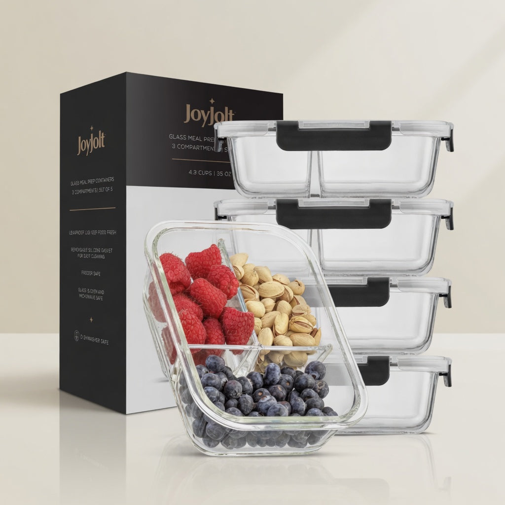 JoyJolt 3-Sectional Glass Meal Prep Containers, Black, Set of 5, 30 fl oz Each